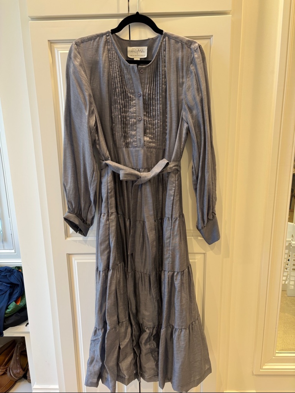 Anthropologie Blue-Grey Tiered Maxi Dress with Waist Tie